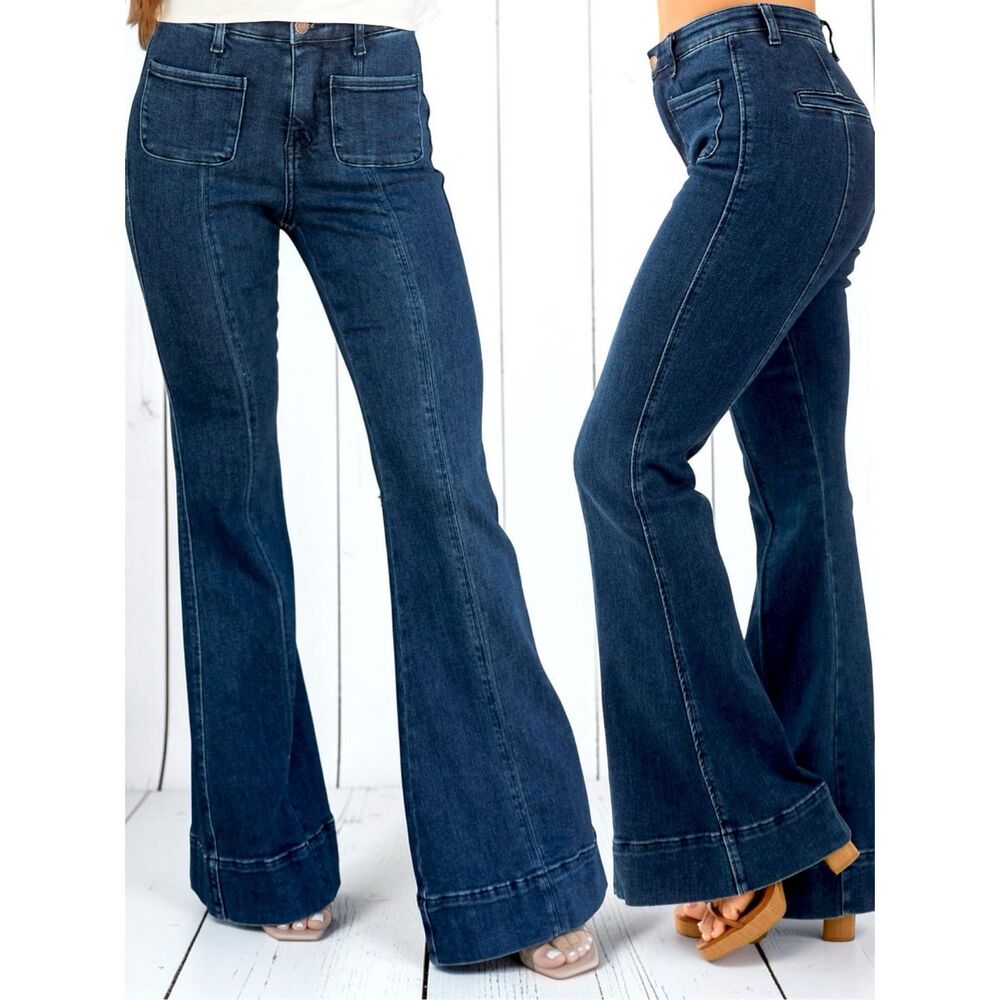 Judy Blue High Rise Flare Jeans Dark Wash Tummy Control Stretch Patch Pocket NEW - Picture 2 of 11